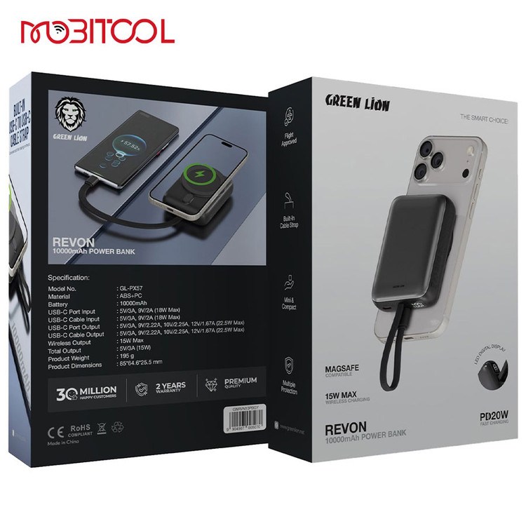 پاوربانک گرین لاین Revon با ظرفیت 10000 میلیآمپر ساعت و نمایشگر دیجیتال LED مدل GNRVN10PB